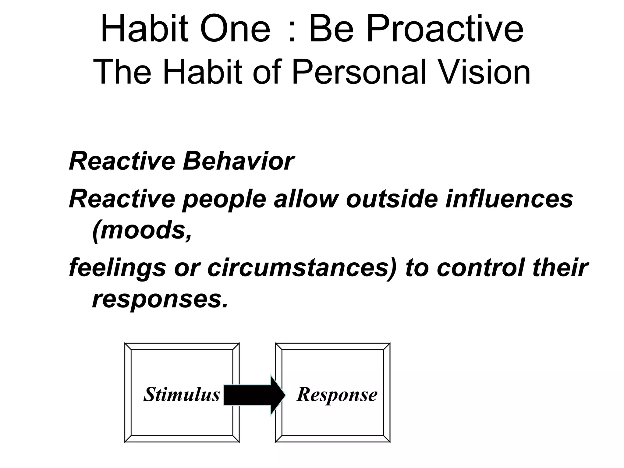 Habit One : Be Proactive
  The Habit of Personal Vision

Reactive Behavior
Reactive people allow outside influences
  (moods,
feelings or circumstances) to control their
  responses.


      Stimulus    Response
 