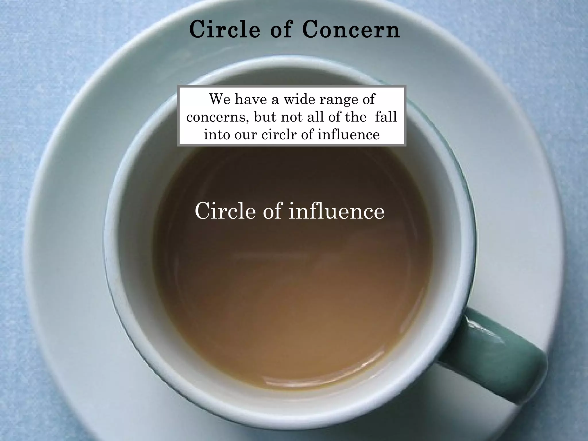 Circle of Concern

   We have a wide range of
concerns, but not all of the fall
  into our circlr of influence




 Circle of influence
 