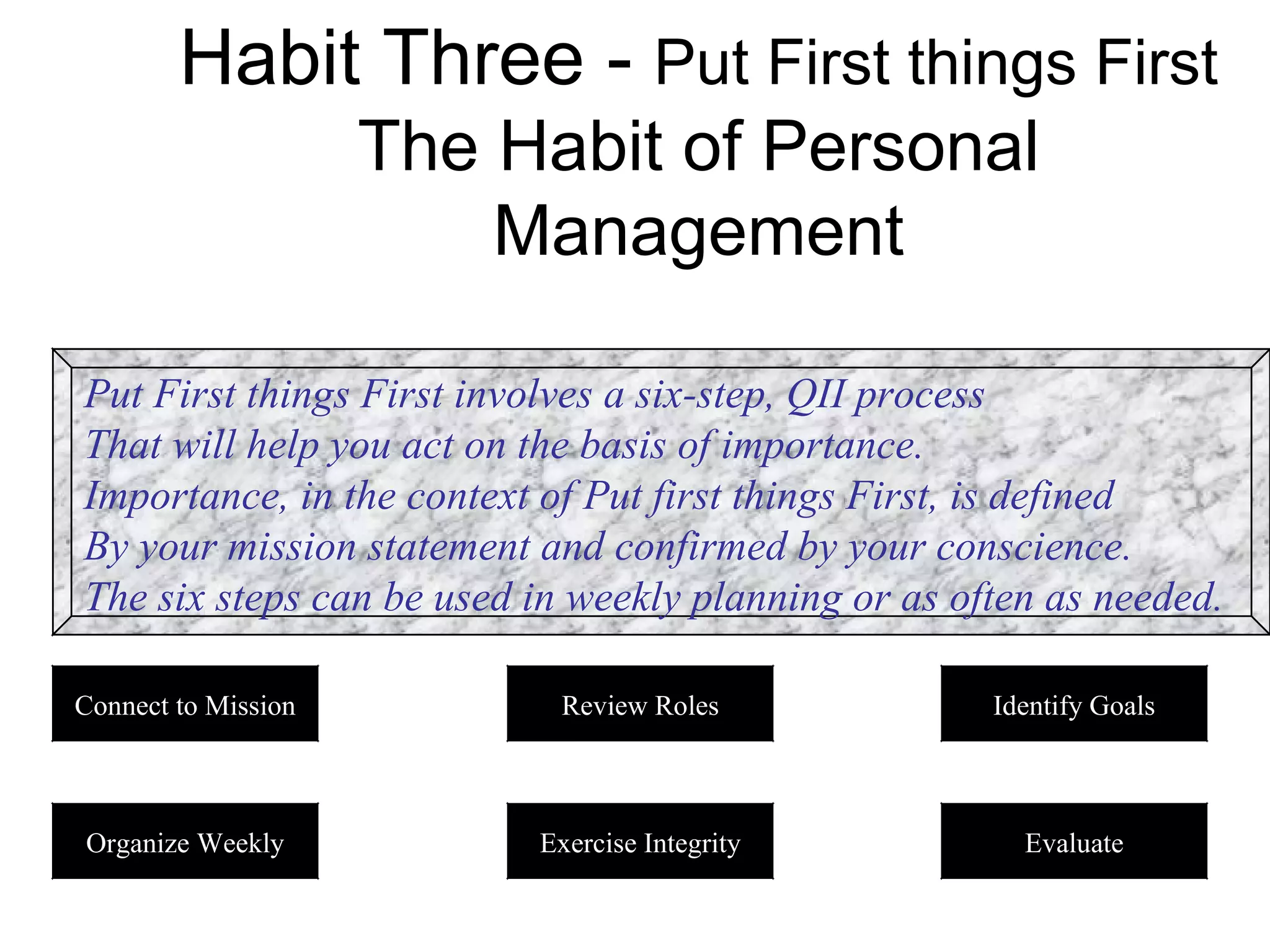 Habit Three - Put First things First
                     The Habit of Personal
                         Management

Put First things First involves a six-step, QII process
That will help you act on the basis of importance.
Importance, in the context of Put first things First, is defined
By your mission statement and confirmed by your conscience.
The six steps can be used in weekly planning or as often as needed.

Connect to Mission          Review Roles             Identify Goals



Organize Weekly           Exercise Integrity           Evaluate
 