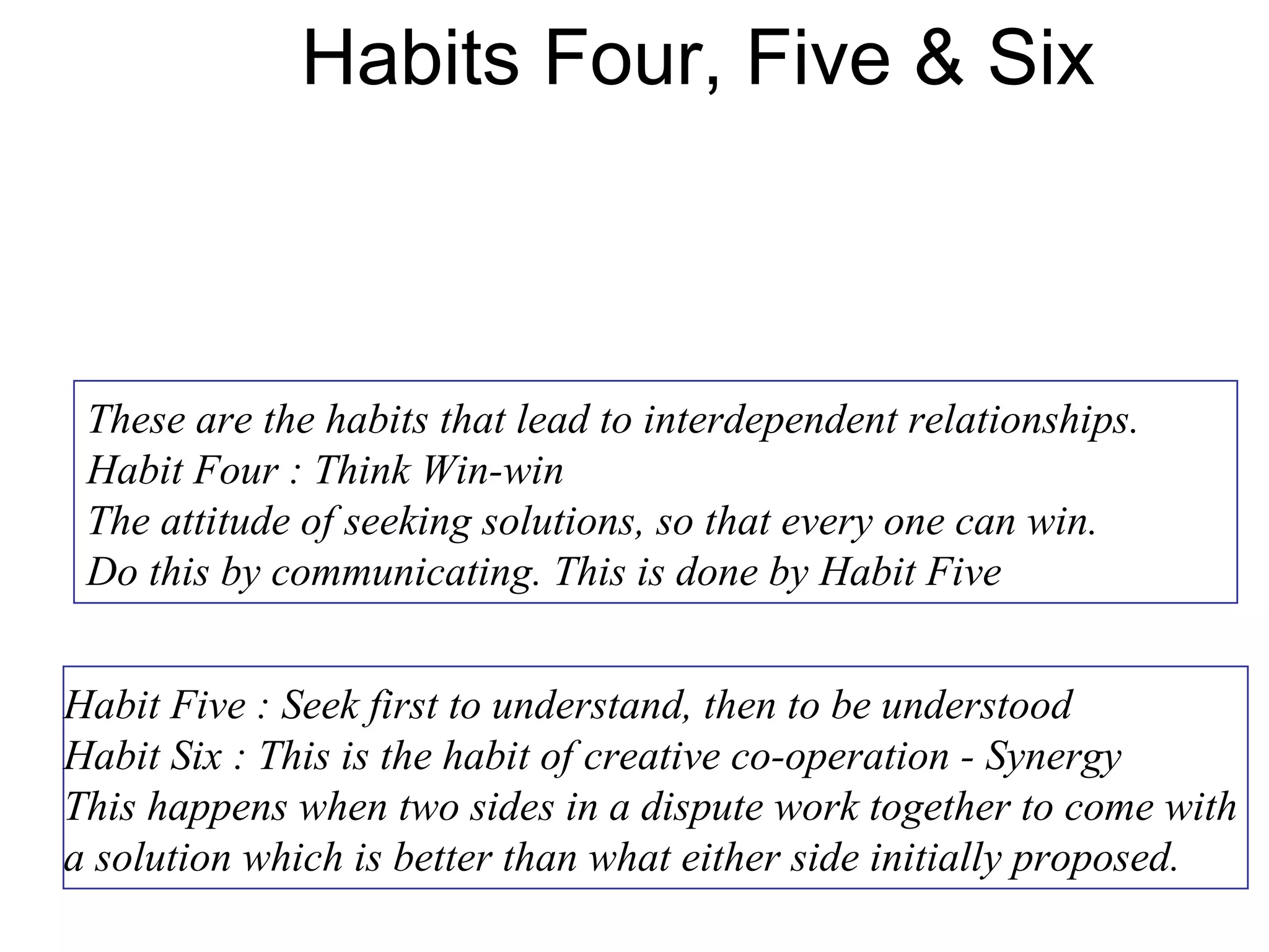 Habits Four, Five & Six



 These are the habits that lead to interdependent relationships.
 Habit Four : Think Win-win
 The attitude of seeking solutions, so that every one can win.
 Do this by communicating. This is done by Habit Five


Habit Five : Seek first to understand, then to be understood
Habit Six : This is the habit of creative co-operation - Synergy
This happens when two sides in a dispute work together to come with
a solution which is better than what either side initially proposed.
 