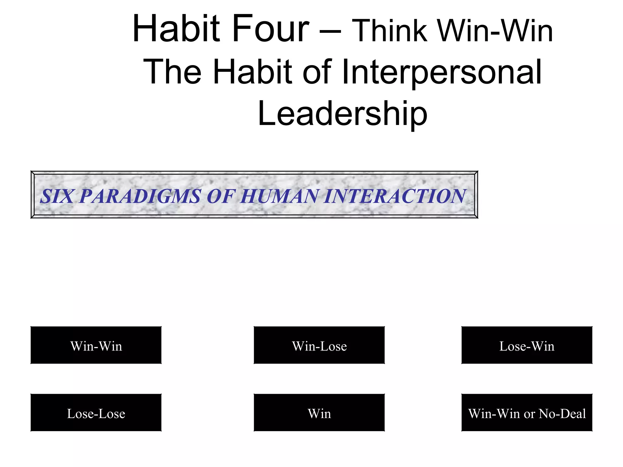 Habit Four – Think Win-Win
              The Habit of Interpersonal
                    Leadership

SIX PARADIGMS OF HUMAN INTERACTION




  Win-Win              Win-Lose          Lose-Win



  Lose-Lose              Win         Win-Win or No-Deal
 