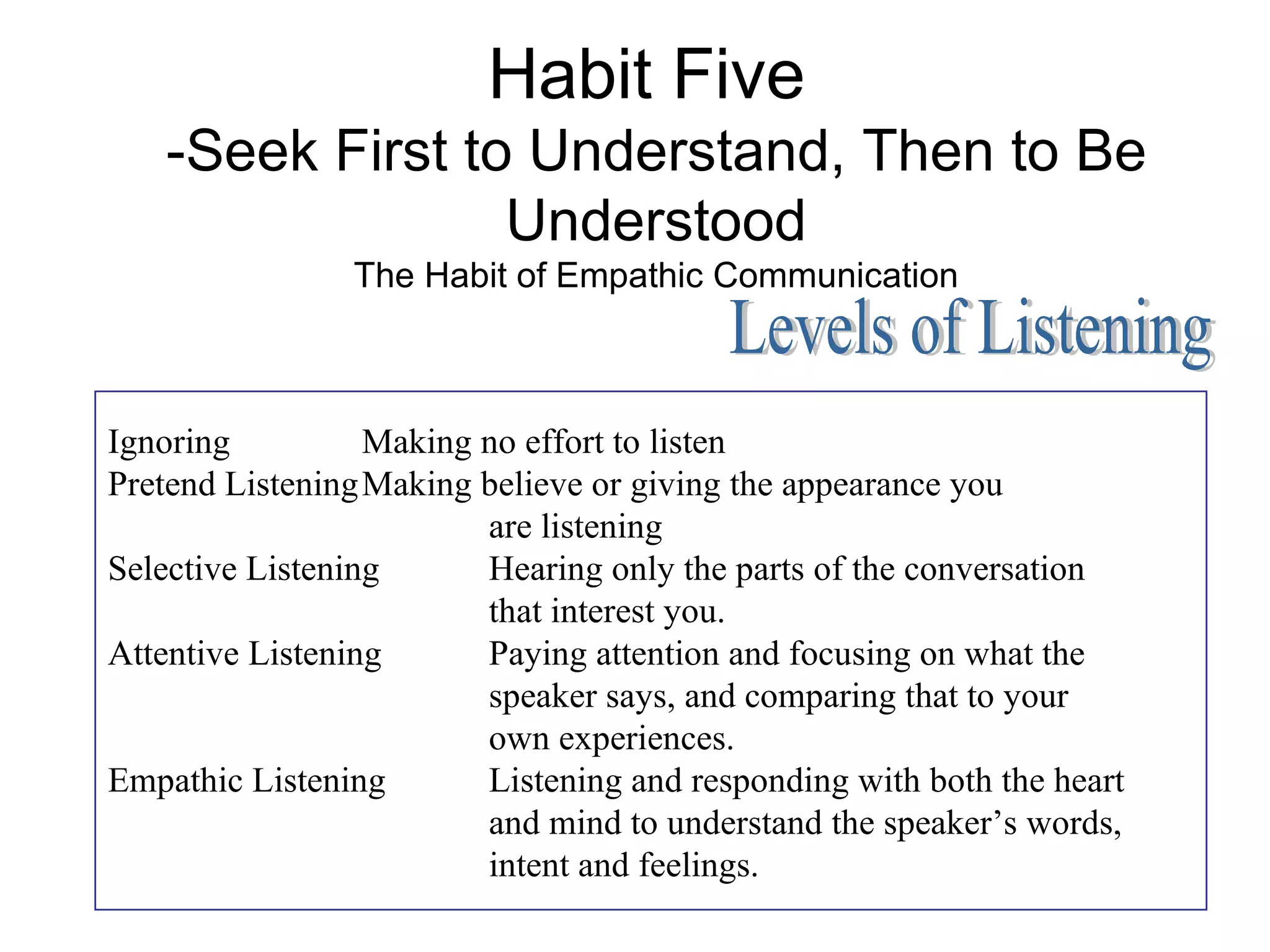 Habit Five
   -Seek First to Understand, Then to Be
                 Understood
                The Habit of Empathic Communication



Ignoring          Making no effort to listen
Pretend ListeningMaking believe or giving the appearance you
                         are listening
Selective Listening      Hearing only the parts of the conversation
                         that interest you.
Attentive Listening      Paying attention and focusing on what the
                         speaker says, and comparing that to your
                         own experiences.
Empathic Listening       Listening and responding with both the heart
                         and mind to understand the speaker’s words,
                         intent and feelings.
 