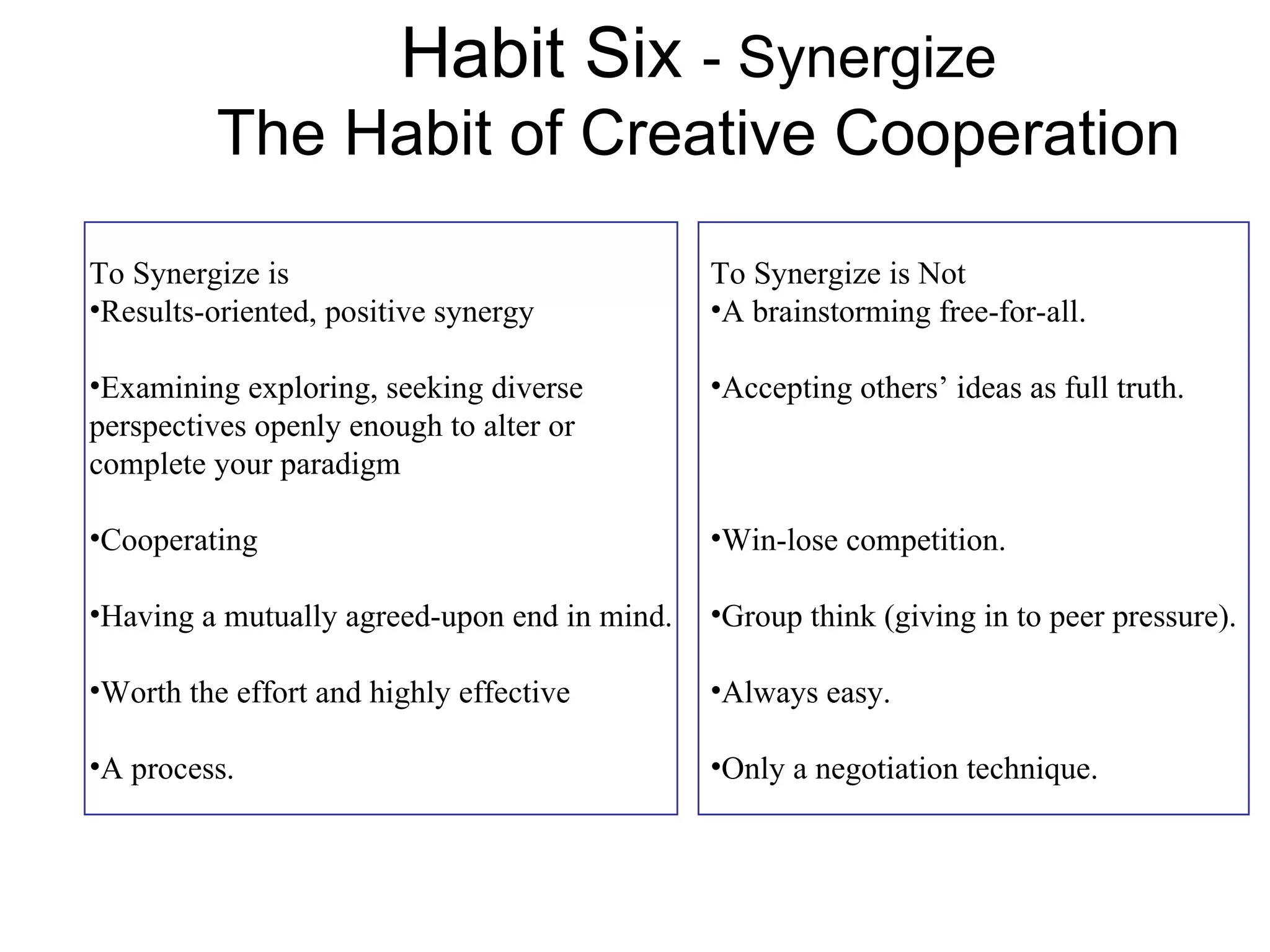 Habit Six - Synergize
          The Habit of Creative Cooperation

To Synergize is                               To Synergize is Not
•Results-oriented, positive synergy           •A brainstorming free-for-all.

•Examining exploring, seeking diverse         •Accepting others’ ideas as full truth.
perspectives openly enough to alter or
complete your paradigm

•Cooperating                                  •Win-lose competition.

•Having a mutually agreed-upon end in mind.   •Group think (giving in to peer pressure).

•Worth the effort and highly effective        •Always easy.

•A process.                                   •Only a negotiation technique.
 