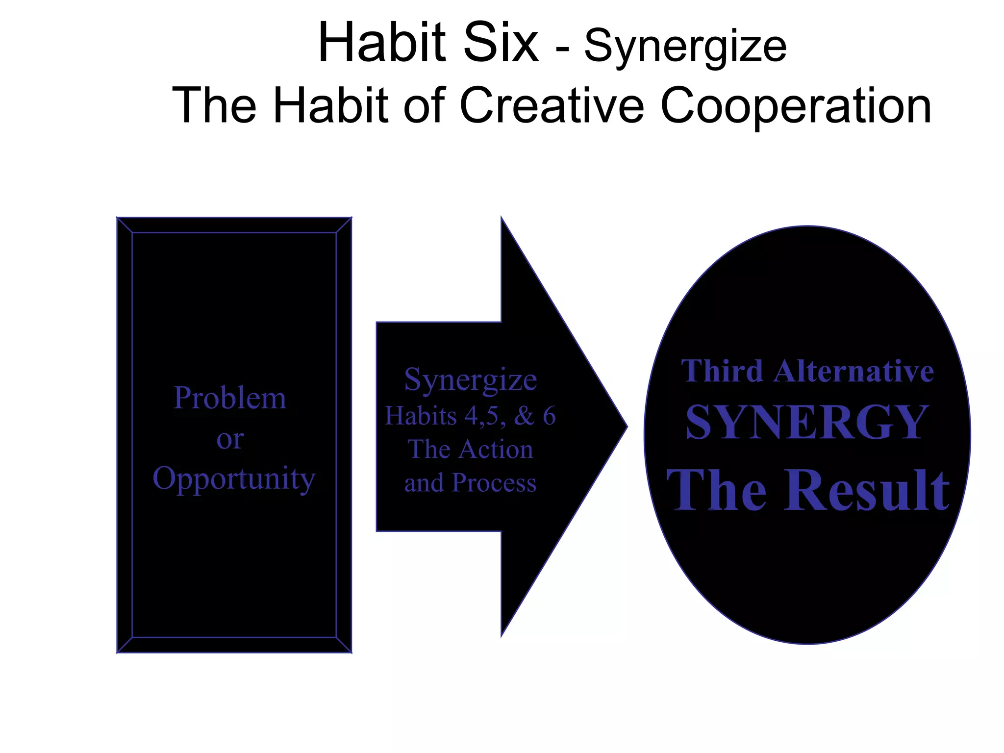 Habit Six - Synergize
 The Habit of Creative Cooperation




                  Synergize        Third Alternative
 Problem
    or
                 Habits 4,5, & 6
                  The Action
                                   SYNERGY
Opportunity       and Process
                                   The Result
 