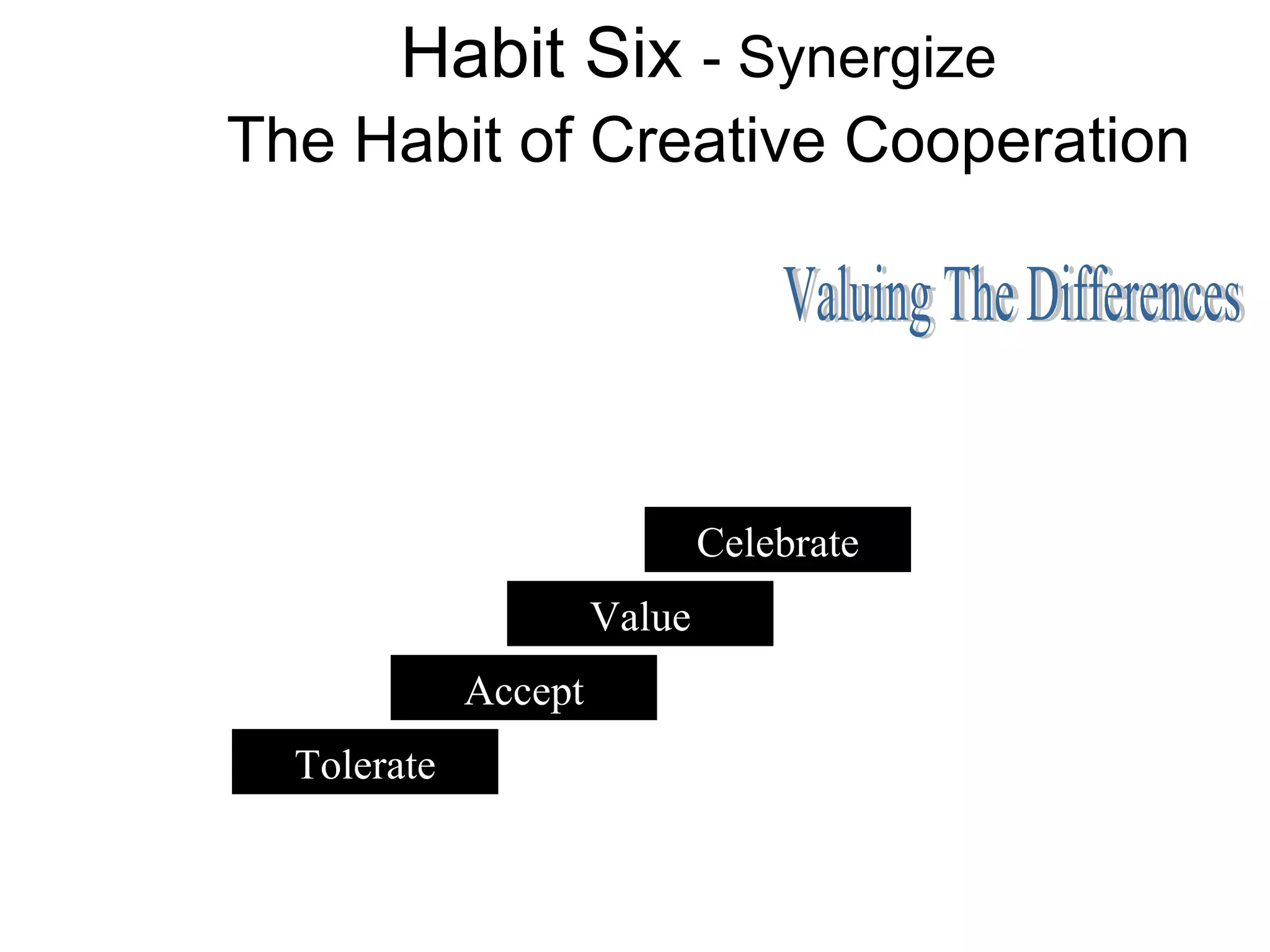 Habit Six - Synergize
The Habit of Creative Cooperation




                              Celebrate
                      Value
             Accept
  Tolerate
 