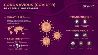 TRANSMISSION
PREVENTION
COVID-19 is an infectious disease
caused by a new recently discovered
novel Corona Virus.
India
WHAT IS IT?
Headache
Dry cough
Sore throat
Runy nose
FatigueFever
SYMPTOMS
Human
Contact
Contaminated
Objects
Use
nose-rag
Use Mask Wash hands
Avoid crowded
places
Go to the
doctor
BE CAREFUL, NOT FEARFUL
CORONAVIRUS (COVID-19)
 
