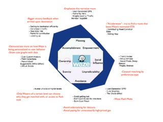 -Emphasize this narrative more
-”Accelerwaze” - try to ﬁnd a route that
beats Waze’s estimated ETA
-Carpool matching by
preferences type
-Waze Flash Mobs
-Only Wazers of a certain level can choose
who they get matched with, or access to ﬂash
mob
-Demonstrate more on how Waze is
being personalized to user behavior
-Show cute graphs with data
-Bigger victory feedback when
arrived upon destination
-Avoid sidetracking for detours.
-Avoid paying for unnecessarily high-priced gas
 