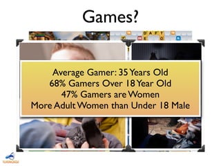 Games?
Entertainment Software Association (2012)
Average Gamer: 35Years Old
68% Gamers Over 18Year Old
47% Gamers are Women
More Adult Women than Under 18 Male
 