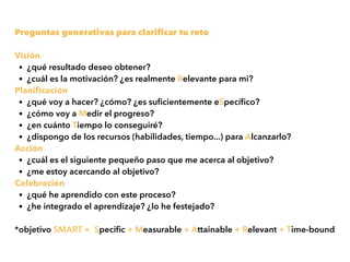 Preguntas generativas para clariﬁcar tu reto
Visión
• ¿qué resultado deseo obtener?
• ¿cuál es la motivación? ¿es realmente Relevante para mi?
Planiﬁcación
• ¿qué voy a hacer? ¿cómo? ¿es suﬁcientemente eSpecíﬁco?
• ¿cómo voy a Medir el progreso?
• ¿en cuánto Tiempo lo conseguiré?
• ¿dispongo de los recursos (habilidades, tiempo...) para Alcanzarlo?
Acción
• ¿cuál es el siguiente pequeño paso que me acerca al objetivo?
• ¿me estoy acercando al objetivo?
Celebración
• ¿qué he aprendido con este proceso?
• ¿he integrado el aprendizaje? ¿lo he festejado? 
*objetivo SMART =  Speciﬁc + Measurable + Attainable + Relevant + Time-bound
 