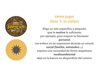 cómo jugar
(fase 1: la visión)
Elige un reto especíﬁco y pequeño
que te motive lo suﬁciente,
por ejemplo, para mejorar tu bienestar
personal
me enfoco en mi respiración durante un minuto
social (familia, amistades…)
expreso una necesidad de forma respetuosa
medioambiental
dejo en la basura un desperdicio del camino
 