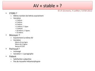 AV	
  «	
  stable	
  »	
  ?	
  
                                                                                   ©	
  JF.Girmens,	
  Y.LeMer	
  /	
  CFSR	
  2012	
  
•    ETDRS	
  ?	
  
      –  Même	
  nombre	
  de	
  ledres	
  exactement	
  
      –  Varia/on	
  
              <	
  2	
  ledres	
  
              ±	
  3	
  ledres	
  
              ±	
  4	
  ledres	
  
              <	
  5	
  ledres	
  /	
  1	
  ligne	
  
              	
  ±	
  5	
  ledres	
  
              <	
  10	
  ledres	
  /	
  2	
  lignes	
  
              <	
  15	
  ledres	
  
•    Monoyer	
  ?	
  
      –  Exactement	
  la	
  même	
  AV	
  
      –  Varia/on	
  
              Moins	
  d’une	
  ligne	
  
              Moins	
  de	
  2	
  lignes	
  
              Baisse	
  d’1/10	
  
•    Parinaud	
  ?	
  
      –  Inchangé	
  
      –  Varia/on	
  <	
  1	
  paragraphe	
  
•    Pa/ent	
  
      –  Sa/sfac/on	
  subjec/ve	
  	
  
      –  Pas	
  de	
  nouvelle	
  métamorphopsie	
  
 
