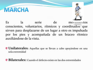 Es        la         serie      de         movimientos
conscientes, voluntarios, rítmicos y coordinados que
sirven para desplazarse de un lugar a otro es impulsada
por los pies y acompañada de un braceo rítmico
auxiliándose de la vista.

 Unilaterales:     Aquellas que se llevan a cabo apoyándose en una
 sola extremidad


 Bilaterales: Cuando el defecto existe en las dos extremidades
 