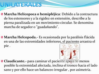 Marcha Helícopoca o hemipléjica: Debido a la contractura
de los extensores y a la rigidez en extensión, describe a la
pierna paralizada en un movimiento circular. Se denomina
marcha de segador o "guadañando".

Marcha Helcopoda.- Es ocasionada por la parálisis flácida
en una de las extremidades inferiores, el paciente arrastra el
pie .



Claudicante.- para caminar el paciente apoya lo menos
posible la extremidad afectada, inclina el tronco hacia el lado
sano y por ello hace un balanceo irregular , por asimetría.
 