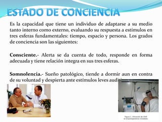 Es la capacidad que tiene un individuo de adaptarse a su medio
tanto interno como externo, evaluando su respuesta a estímulos en
tres esferas fundamentales: tiempo, espacio y persona. Los grados
de conciencia son las siguientes:

Consciente.- Alerta se da cuenta de todo, responde en forma
adecuada y tiene relación integra en sus tres esferas.

Somnolencia.- Sueño patológico, tiende a dormir aun en contra
de su voluntad y despierta ante estímulos leves auditivos.
 