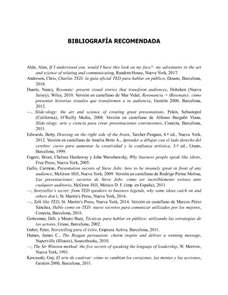 BIBLIOGRAFÍA RECOMENDADA
Alda, Alan, If I understood you, would I have this look on my face?: my adventures in the art
and science of relating and communicating, Random House, Nueva York, 2017.
Anderson, Chris, Charlas TED: la guía oficial TED para hablar en público, Deusto, Barcelona,
2016.
Duarte, Nancy, Resonate: present visual stories that transform audiences, Hoboken (Nueva
Jersey), Wiley, 2010. Versión en castellano de Mar Vidal, Resonancia = (Resonate): cómo
presentar historias visuales que transformen a tu audiencia, Gestión 2000, Barcelona,
2012.
—, Slide:ology: the art and science of creating great presentations, Pekín, Sebastopol
(California), O’Reilly Media, 2008. Versión en castellano de Alfonso Barguñó Viana,
Slide:ology: arte y ciencia para crear presentaciones convincentes, Conecta, Barcelona,
2011.
Edwards, Betty, Drawing on the right side of the brain, Tarcher-Penguin, 4.a ed., Nueva York,
2012. Versión en castellano de Amelia Brito A., Aprender a dibujar con el lado derecho del
cerebro: curso para aumentar la creatividad y la confianza artística, 3.a ed., Urano,
Barcelona, 1999.
Fugere, Brian, Chelsea Hardaway y John Warsshawsky, Why business people speak like idiots,
Free Press, Nueva York, 2005.
Gallo, Carmine, Presentation secrets of Steve Jobs: how to be insanely great in front of any
audience, McGraw Hill, Nueva York, 2009. Versión en castellano de Rodrigo Pertuz Molina,
Las presentaciones: secretos de Steve Jobs: cómo ser increíblemente exitoso ante
cualquier auditorio, McGraw Hill, México D. F. (imp. en España), 2011.
—, Storyteller’s secret: from TED speakers to business legends, why some ideas catch on and
others don’t, St. Martin’s Press, Nueva York, 2016.
—, Talk like TED, St. Martin’s Press, Nueva York, 2014. Versión en castellano de Marcos Pérez
Sánchez, Hable como en TED: nueve secretos para comunicar utilizados por los mejores,
Conecta, Barcelona, 2016.
Gottesman, Deb, y Mauro Buzz, Técnicas para hablar en público: utilizando las estrategias de
los actores, Urano, Barcelona, 2002.
Guber, Peter, Storytelling para el éxito, Empresa Activa, Barcelona, 2011.
Humes, James C., The Reagan persuasion: charm inspire and deliver a winning message,
Naperville (Illinois), Sourcebooks, 2010.
—, The Sir Winston method: the five secrets of speaking the lenguaje of leadership, W. Morrow,
Nueva York, 1991.
Kawasaki, Guy, El arte de cautivar: cómo se cambian los corazones, las mentes y las acciones,
Gestión 2000, Barcelona, 2011.
 