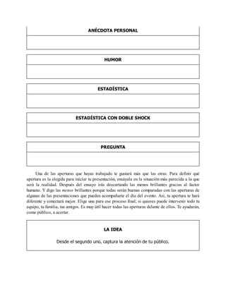 ANÉCDOTA PERSONAL
HUMOR
ESTADÍSTICA
ESTADÍSTICA CON DOBLE SHOCK
PREGUNTA
Una de las aperturas que hayas trabajado te gustará más que las otras. Para definir qué
apertura es la elegida para iniciar tu presentación, ensáyala en la situación más parecida a la que
será la realidad. Después del ensayo irás descartando las menos brillantes gracias al factor
humano. Y digo las menos brillantes porque todas serán buenas comparadas con las aperturas de
algunas de las presentaciones que pueden acompañarte el día del evento. Así, tu apertura te hará
diferente y conectará mejor. Elige una para ese proceso final; si quieres puede intervenir todo tu
equipo, tu familia, tus amigos. Es muy útil hacer todas las aperturas delante de ellos. Te ayudarán,
como público, a acertar.
LA IDEA
Desde el segundo uno, captura la atención de tu público.
 