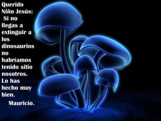 Querido Niño Jesús:  Si no llegas a extinguir a los dinosaurios no habríamos tenido sitio nosotros.  Lo has hecho muy bien. Mauricio. 