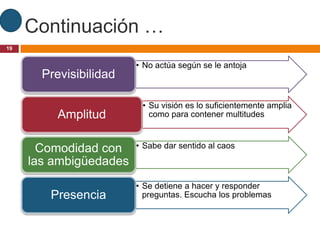 Continuación …
19


                        • No actúa según se le antoja
       Previsibilidad

                         • Su visión es lo suficientemente amplia
          Amplitud         como para contener multitudes



       Comodidad con    • Sabe dar sentido al caos
     las ambigüedades
                        • Se detiene a hacer y responder
        Presencia         preguntas. Escucha los problemas
 