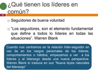 ¿Qué tienen los líderes en
25
     común?
        Seguidores de buena voluntad

        “Los seguidores, son el elemento fundamental
         que define a todos lo líderes en todas las
         situaciones”. Warren Blank

     Cuando nos centramos en la relación líder-seguidor en
     vez de en los rasgos personales de los líderes,
     comportamientos o hábitos, empezamos a ver a los
     líderes y al liderazgo desde una nueva perspectiva.
     Warren Blank lo traduce en sus “Nueve leyes naturales
     del liderazgo”
 