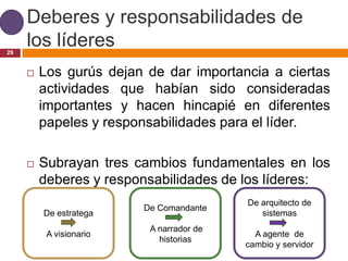 Deberes y responsabilidades de
29
     los líderes
        Los gurús dejan de dar importancia a ciertas
         actividades que habían sido consideradas
         importantes y hacen hincapié en diferentes
         papeles y responsabilidades para el líder.

        Subrayan tres cambios fundamentales en los
         deberes y responsabilidades de los líderes:
                                          De arquitecto de
                         De Comandante
         De estratega                        sistemas
                          A narrador de
          A visionario                      A agente de
                            historias
                                          cambio y servidor
 