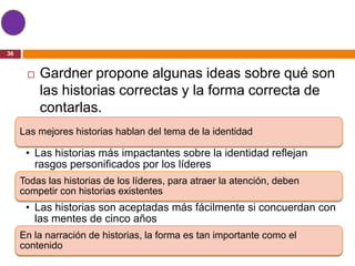 36


         Gardner propone algunas ideas sobre qué son
          las historias correctas y la forma correcta de
          contarlas.
     Las mejores historias hablan del tema de la identidad

      • Las historias más impactantes sobre la identidad reflejan
        rasgos personificados por los líderes
     Todas las historias de los líderes, para atraer la atención, deben
     competir con historias existentes
      • Las historias son aceptadas más fácilmente si concuerdan con
        las mentes de cinco años
     En la narración de historias, la forma es tan importante como el
     contenido
 