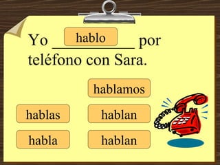 hablo hablas habla hablamos hablan hablan Yo __________ por teléfono con Sara. 