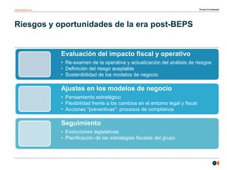 osborneclarke.com
6
Riesgos y oportunidades de la era post-BEPS
Private & Confidential
Evaluación del impacto fiscal y operativo
• Re-examen de la operativa y actualización del análisis de riesgos
• Definición del riesgo aceptable
• Sostenibilidad de los modelos de negocio
Ajustes en los modelos de negocio
• Pensamiento estratégico
• Flexibilidad frente a los cambios en el entorno legal y fiscal
• Acciones "preventivas": procesos de compliance
Seguimiento
• Evoluciones legislativas
• Planificación de las estrategias fiscales del grupo
 