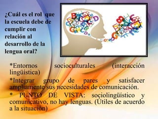 ¿Cuál es el rol que
la escuela debe de
cumplir con
relación al
desarrollo de la
lengua oral?
*Entornos socioculturales (interacción
lingüística)
*Integrar grupo de pares y satisfacer
ampliamente sus necesidades de comunicación.
* PUNTO DE VISTA: sociolingüístico y
comunicativo, no hay lenguas. (Útiles de acuerdo
a la situación)
 