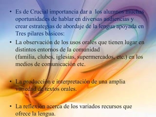 • Es de Crucial importancia dar a los alumnos muchas
oportunidades de hablar en diversas audiencias y
crear estrategias de abordaje de la lengua apoyada en
Tres pilares básicos:
• La observación de los usos orales que tienen lugar en
distintos entornos de la comunidad
(familia, clubes, iglesias, supermercados, etc.) en los
medios de comunicación etc.
• La producción e interpretación de una amplia
variedad de textos orales.
• La reflexión acerca de los variados recursos que
ofrece la lengua.
 