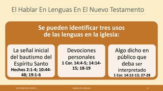 El Hablar En Lenguas En El Nuevo Testamento
Se pueden identificar tres usos
de las lenguas en la iglesia:
La señal inicial
del bautismo del
Espíritu Santo
Hechos 2:1-4; 10:44-
48; 19:1-6
Devociones
personales
1 Cor. 14:4-5; 14:14-
15; 18-19
Algo dicho en
público que
deba ser
interpretado
1 Cor. 14:12-13; 27-28
LOS DONES DEL ESPIRITU HABLAR EN LENGUAS 11
 