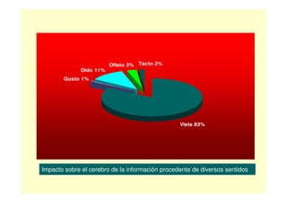 Oflato 3% Tacto 2%
             Oido 11%
       Gusto 1%




                                                 Vista 83%




Impacto sobre el cerebro de la información procedente de diversos sentidos
 