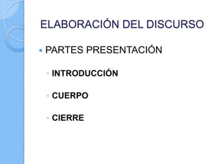  PARTES PRESENTACIÓN
◦ INTRODUCCIÓN
◦ CUERPO
◦ CIERRE
ELABORACIÓN DEL DISCURSO
 