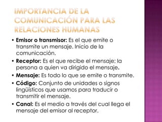 • Emisor o transmisor: Es el que emite o
transmite un mensaje. Inicio de la
comunicación.
• Receptor: Es el que recibe el mensaje; la
persona a quien va dirigido el mensaje.
• Mensaje: Es todo lo que se emite o transmite.
• Código: Conjunto de unidades o signos
lingüísticos que usamos para traducir o
transmitir el mensaje.
• Canal: Es el medio a través del cual llega el
mensaje del emisor al receptor.
 