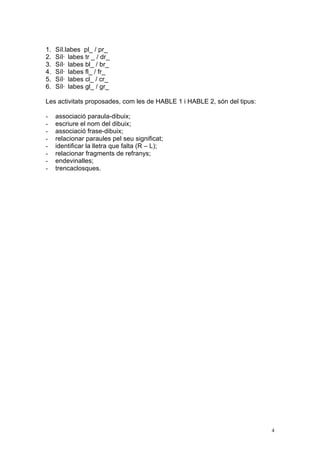 1.   Síl.labes pl_ / pr_
2.   Síl· labes tr _ / dr_
3.   Síl· labes bl_ / br_
4.   Síl· labes fl_ / fr_
5.   Síl· labes cl_ / cr_
6.   Síl· labes gl_ / gr_

Les activitats proposades, com les de HABLE 1 i HABLE 2, són del tipus:

-    associació paraula-dibuix;
-    escriure el nom del dibuix;
-    associació frase-dibuix;
-    relacionar paraules pel seu significat;
-    identificar la lletra que falta (R – L);
-    relacionar fragments de refranys;
-    endevinalles;
-    trencaclosques.




                                                                          4
 