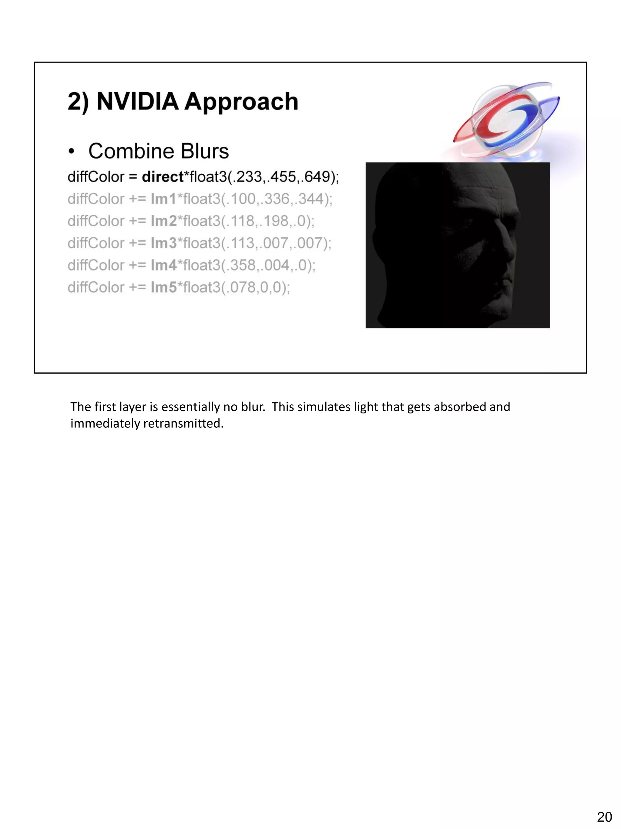 The first layer is essentially no blur. This simulates light that gets absorbed and
immediately retransmitted.




                                                                                      20
 