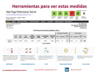 eduardo@estrategasweb.com @esanchez43
Herramientas para ver estas medidas
www.webpagetest.orgLighthouse CrUX Page Speed Insights Test my Site
 