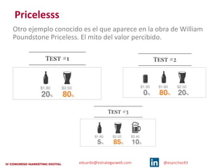 eduardo@estrategasweb.com @esanchez43
Pricelesss
Otro ejemplo conocido es el que aparece en la obra de William
Poundstone Priceless. El mito del valor percibido.
 