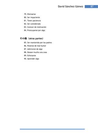 David Sánchez Gómez   87

79. Distraerse
80. Ser impaciente
81. Tener paciencia
82. Ser considerado
83. Carecer de motivación
84. Preocuparse por algo



   （otras partes）
85. Ser mantenido por los padres
86. Ponerse de mal humor
87. Admirarse de algo
88. Desear mucho una cosa
89. Esforzarse
90. Aprender algo
 