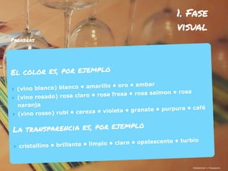 ¡Hablemos! • #rayaworx
1. Fase
visual
¡Hablemos! • #rayaworx
Palabras
El color es, por ejemplo
‣ (vino blanco) blanco • amarillo • oro • ambar
‣ (vino rosado) rosa claro • rosa fresa • rosa salmon • rosa
naranja
‣ (vino rosso) rubi • cereza • violeta • granate • purpura • café
La transparencia es, por ejemplo
‣ cristallino • brillante • limpio • claro • opalescente • turbio
 