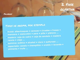 ¡Hablemos! • #rayaworx
2. Fase
olfativa
¡Hablemos! • #rayaworx
Palabras
Tipos de aroma, por ejemplo
‣ frutal: albaricoques • cerezas • ciruelas • fresas •
manzana • melocotón • pera • piña • plátano ...
‣ madera: caja de cedro • caja de sandalo • madera
rancia • vieja ...
‣ química: acético • alcohol • cloro • sulfuroso ...
‣ especiada: canela • champiñón • eneldo • lavanda •
pimienta • trufa ...
 