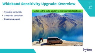 Wideband Sensitivity Upgrade: Overview
• Available bandwidth
• Correlated bandwidth
• Observing speed
Listen to the radio station to more remote locations!
 