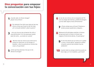 Diez preguntas para empezar
     la conversación con tus hijos:




       1 ¿Cuandotesales,ofrece? drogas?
         ¿Quien    las
                         te ofrecen
                                                              6   (a raíz de una noticia o de un programa de TV)
                                                                  Con tus amigos del instituto, ¿habláis de drogas?,
                                                                  ¿os han dado alguna charla últimamente?


         2    Por televisión han dicho que cada vez hay más
              chicos y chicas que fuman al salir de clase.
              ¿En tu escuela también? ¿Qué te parece?             7 ¿Tienesporque queda bien y después... a
                                                                    probar
                                                                           amigos que ya fuman? Empiezas




       3 ...otradel alcohol. A de accidentes de coche a
         causa
                vez anuncios
                               mí me preocupa cuando
                                                              8   Realmente la ley del tabaco está bien. Al menos
                                                                  las personas que no fuman no tienen que
           sales de noche... ¿Lo tenéis en cuenta?                tragarse el humo de los demás. ¿Tú qué opinas?




          4    Muchas veces las noticias que tratan de los
              jóvenes se relacionan con las drogas, el            9 Elvimosdíamucha gentela noche convueltas”.
                                                                    y
                                                                       otro
                                                                            a
                                                                               salimos por
                                                                                           ”pasada de
                                                                                                      tu padre

              botellón...¡Pero la juventud son muchas más             ¿Cuando vosotros salís también hay ese
              cosas! ¿Tú qué dices?                                   ambiente?



       5   ¿Crees que hay personas a las que no les
           afectan las drogas?                                10     Cuando todos tus amigos están de acuerdo en
                                                                     hacer algo y a ti no te apetece, ¿qué haces?




22                                                                                                                     23
 