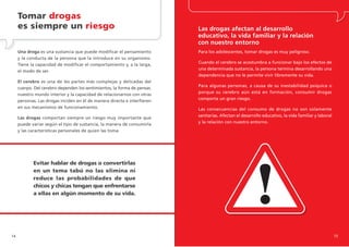 Tomar drogas
     es siempre un riesgo                                                 Las drogas afectan al desarrollo
                                                                          educativo, la vida familiar y la relación
                                                                          con nuestro entorno
     Una droga es una sustancia que puede modificar el pensamiento        Para los adolescentes, tomar drogas es muy peligroso.
     y la conducta de la persona que la introduce en su organismo.
                                                                          Cuando el cerebro se acostumbra a funcionar bajo los efectos de
     Tiene la capacidad de modificar el comportamiento y, a la larga,
                                                                          una determinada sustancia, la persona termina desarrollando una
     el modo de ser.
                                                                          dependencia que no le permite vivir libremente su vida.
     El cerebro es una de les partes más complejas y delicadas del
                                                                          Para algunas personas, a causa de su inestabilidad psíquica o
     cuerpo. Del cerebro dependen los sentimientos, la forma de pensar,
                                                                          porque su cerebro aún está en formación, consumir drogas
     nuestro mundo interior y la capacidad de relacionarnos con otras
                                                                          comporta un gran riesgo.
     personas. Las drogas inciden en él de manera directa e interfieren
     en sus mecanismos de funcionamiento.                                 Las consecuencias del consumo de drogas no son solamente
                                                                          sanitarias. Afectan el desarrollo educativo, la vida familiar y laboral
     Las drogas comportan siempre un riesgo muy importante que
                                                                          y la relación con nuestro entorno.
     puede variar según el tipo de sustancia, la manera de consumirla
     y las características personales de quien las toma.




            Evitar hablar de drogas o convertirlas
            en un tema tabú no las elimina ni
            reduce las probabilidades de que
            chicos y chicas tengan que enfrentarse
            a ellas en algún momento de su vida.




14                                                                                                                                                  15
 
