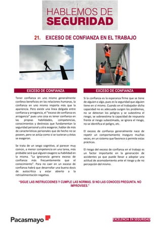 EXCELENCIA EN SEGURIDAD
21. EXCESO DE CONFIANZA EN EL TRABAJO
“SIGUE LAS INSTRUCCIONES Y CUMPLE LAS NORMAS. SI NO LAS CONOCES PREGUNTA. NO
IMPROVISES.”
EXCESO DE CONFIANZA EXCESO DE CONFIANZA
Tener confianza en uno mismo generalmente
conlleva beneficios en las relaciones humanas, la
confianza en uno mismo importa más que la
apariencia. Pero existe una línea delgada entre
confianza y arrogancia, el “exceso de confianza es
arrogancia” pues una cosa es tener confianza en
las propias habilidades, competencias,
conocimientos y destrezas que fundamentan la
seguridad personal y otra exagerar, hablar de más
de características personales que de hecho no se
poseen, pero se actúa como si se tuvieran y éstas
se exageran.
Se trata de un sesgo cognitivo, al parecer muy
común, a menor competencia en una tarea, más
probable será que alguien exagere su habilidad en
la misma. “La ignorancia genera exceso de
confianza más frecuentemente que el
conocimiento”. Para no caer en un exceso de
confianza habrá que desarrollar una buena dosis
de autocrítica y estar abierto a la
retroalimentación negativa.
Si la confianza es la esperanza firme que se tiene
de alguien o algo, pues es la seguridad que alguien
tiene en sí mismo. Cuando en el trabajador dicha
capacidad no es adecuada surgen los problemas,
no se detectan los peligros y se subestima el
riesgo, se sobreestima la capacidad de respuesta
frente al riesgo subestimado, se ignora el riesgo,
no se identifica el peligro, etc.
El exceso de confianza generalmente nace de
repetir un comportamiento inseguro muchas
veces, en un sistema que favorece o permite estas
prácticas.
El riesgo del exceso de confianza en el trabajo es
un factor importante en la generación de
accidentes ya que puede llevar a adoptar una
actitud de acomodamiento ante el riesgo y de no
percepción del mismo.
 