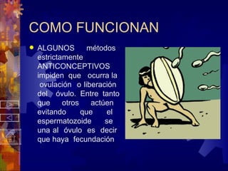 COMO FUNCIONAN ALGUNOS  métodos  estrictamente  ANTICONCEPTIVOS  impiden  que  ocurra la  ovulación  o liberación  del  óvulo. Entre tanto que  otros  actúen  evitando  que  el  espermatozoide  se  una al  óvulo  es  decir  que haya  fecundación   