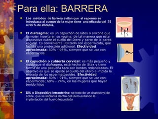 Para ella: BARRERA Los  métodos  de barrera evitan que  el esperma se introduzca al cuerpo de la mujer tiene  una eficacia del  79 al 95 % de eficacia. El diafragma :  es un capuchón de látex o silicona que la mujer inserta en su vagina, de tal manera que este dispositivo cubre el cuello del útero y parte de la pared vaginal. Es conveniente utilizarlo con espermicida, que facilita una protección adicional.  Efectividad aproximada:  80% - 94%, siempre que se use con espermicida . El capuchón o cubierta cervical :  es más pequeño y rígido que el diafragma, está hecho de látex y tiene forma de una pequeña taza con bordes redondeados. El objetivo es que se ajuste al cuello del útero e impida la entrada de los espermatozoides.  Efectividad aproximada:  80% - 91%, siempre que se use con espermicida; 60% - 74%, en las mujeres que hayan tenido hijos DIU o Dispositivo intrauterino : se trata de un dispositivo de cobre, que se implanta dentro del útero evitando la implantación de l  huevo fecundado  