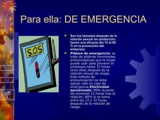 Para ella: DE EMERGENCIA Son los tomados después de la relación sexual sin protección, tienen una eficacia del 75 al 89 % en la prevención del embarazo. Píldora de emergencia:  s e trata de píldoras hormonales anticonceptivas que la mujer puede usar para prevenir el embarazo hasta 72 horas (tres días) después de la relación sexual de riesgo.   Este método de anticoncepción se debe aplicar sólo en caso de emergencia. Efectividad aproximada:  99% durante las primeras 12 horas tras la relación; 80% si se toma entre las 12 y 72 horas después de la relación de riesgo. 
