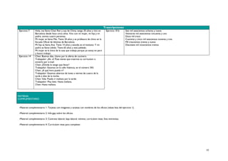 10
Trascripciones
Ejercicio 7 Hola, me llamo Chen Ren y soy de China, tengo 35 años y vivo en
Barcelona desde hace cinco años. Vivo con mi mujer, mi hija y mi
padre, somos cuatro personas.
Mi mujer se llama Mei. Tiene 34 años y es profesora de chino en la
Escuela Oficial de Idiomas de Barcelona.
Mi hija se llama Ana. Tiene 14 años y estudia en el instituto. Y mi
padre se llama Libido. Tiene 65 años y está jubilado.
Mi mujer es la única de la casa que trabaja porque yo estoy en paro
y busco trabajo.
Ejercicio 10 b Seis mil setecientos ochenta y nueve
Veintitrés mil setecientos cincuenta y uno
Doce mil trece
Cuarenta y cinco mil seiscientos noventa y tres
Mil trescientos treinta y nueve
Diecisiete mil novecientos treinta
Ejercicio 14 Chen: Buenos días. Llamo por la oferta de cocinero.
Trabajador: ¡Ah, sí! Pues tienes que traernos tu currículum o
enviarlo por e-mail.
Chen: ¿Dónde lo tengo que llevar?
Trabajador: Estamos en la calle Valencia, en el número 343.
Chen: ¿A qué hora puedo ir?
Trabajador: Estamos abiertos de lunes a viernes de cuatro de la
tarde a diez de la noche.
Chen: Vale. Puedo ir mañana por la tarde.
Trabajador: Muy bien. Hasta mañana.
Chen: Hasta mañana.
MATERIAL
COMPLEMENTARIO
-Material complementario 1: Tarjetas con imágenes y tarjetas con nombres de los oficios (véase lista del ejercicio 1).
-Material complementario 2: Info-gap sobre los oficios.
-Material complementario 3: Contrato laboral, baja laboral, nómina, currículum vitae, foto entrevista.
-Material complementario 4: Currículum vitae para completar.
 