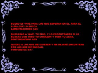 BUENO ES YAVÉ PARA LOS QUE ESPERAN EN ÉL, PARA EL 
ALMA QUE LO BUSCA. 
LAMENTACIONES 3:25 
BUSCARÁS A YAVÉ, TU DIOS, Y LO ENCONTRARÁS SI LO 
BUSCAS CON TODO TU CORAZÓN Y TODA TU ALMA. 
DEUTERONOMIO 4:29 
QUIERO A LOS QUE ME QUIEREN Y ME DEJARÉ ENCONTRAR 
POR LOS QUE ME BUSCAN. 
PROVERBIOS 8:17 
 