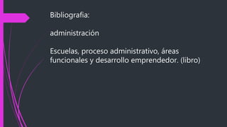 Bibliografia:
administración
Escuelas, proceso administrativo, áreas
funcionales y desarrollo emprendedor. (libro)
 